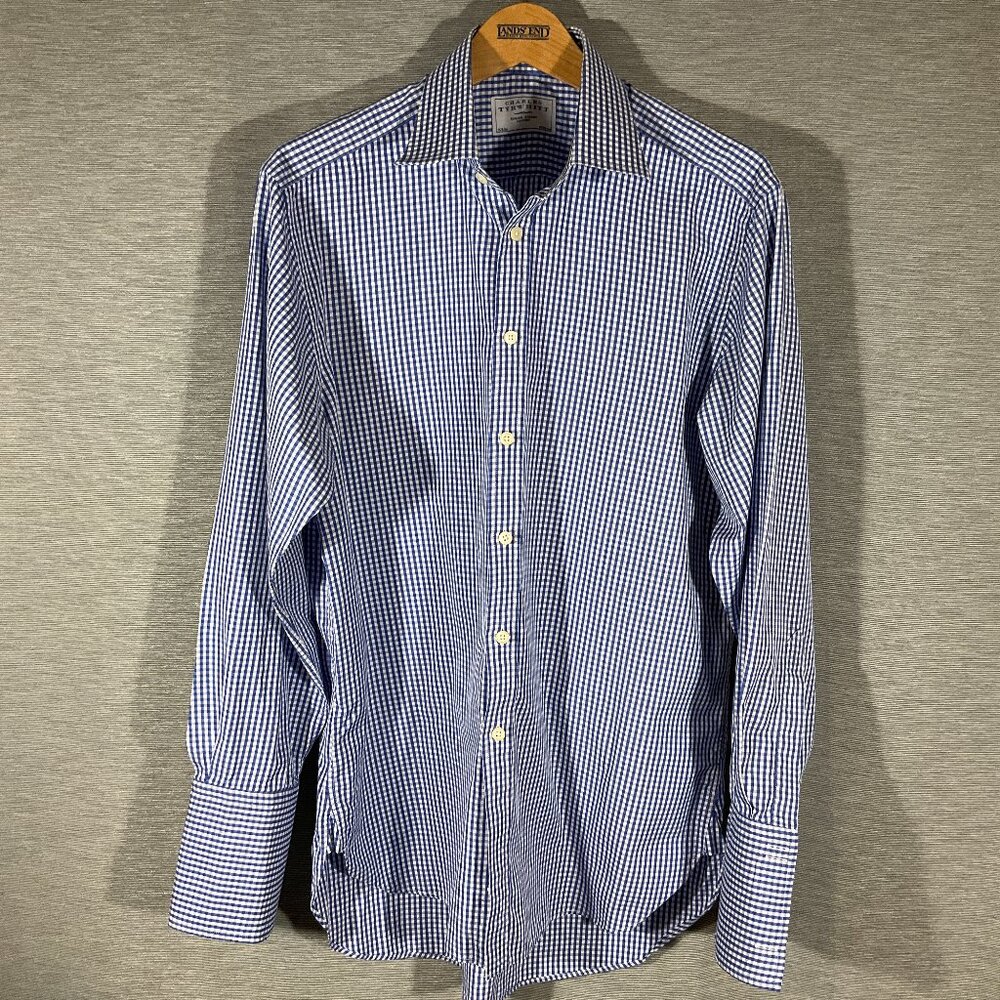 Men's Charles Tyrwhitt Blue/White Gingham French Cuff Dress Shirt, Size 16/34